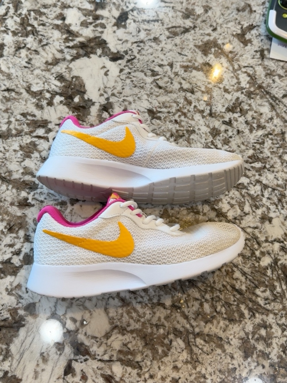 Nike White Sneakers with Yellow Swoosh and Pink Trim